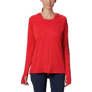imageColumbia Womens PFG Tidal Tee Hoodie UV Protection MoistureWickingRed LilyCollegiate Navy Logo