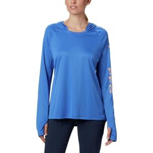 imageColumbia Womens PFG Tidal Tee Hoodie UV Protection MoistureWickingStormy BlueLight Coral Logo