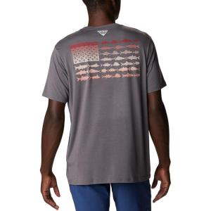 imageColumbia Mens PFG Fish Flag Tech Tee SsCity GreyRed Hibiscus Gradient