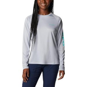 imageColumbia womens Tidal Tee Ii Long SleeveCirrus GreyElectric Turquoise Logo