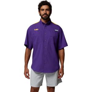 imageColumbia Mens Collegiate Tamiami Colorblock Short Sleeve ShirtLsu  Vivid PurpleYellow